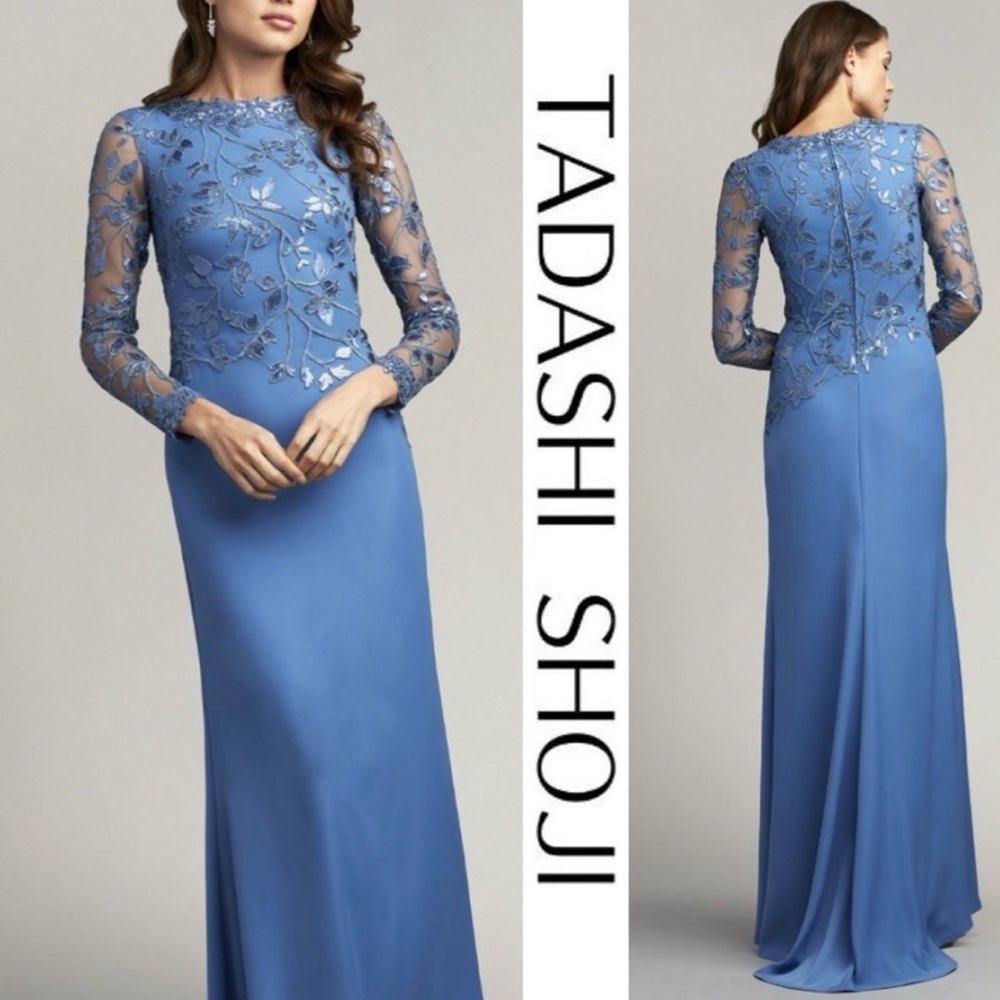 Tadashi Shoji Sequin Lace Long Sleeve Crepe Gown in Deep Ocean